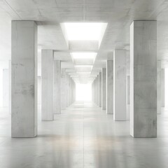 Fototapeta premium Modern Huge Concrete Material Empty Hall With Many Columns And Big White Glowing Windows Wallpaper Space For Text 3D Rendering