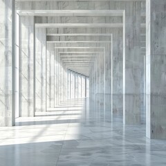 Obraz premium Modern Huge Concrete Material Empty Hall With Many Columns And Big White Glowing Windows Wallpaper Space For Text 3D Rendering