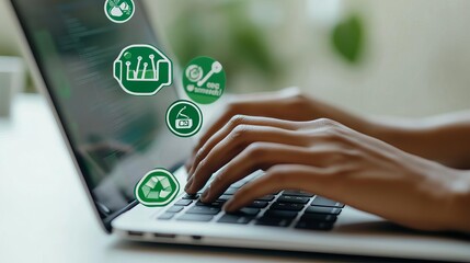 Close-up of hands typing on a laptop with eco-themed stickers, promoting sustainability in digital work, green office decor