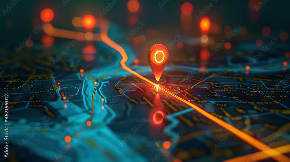 Poster a glowing red pin marker on a digital map with a path of glowing lines, depicting a location on a ma