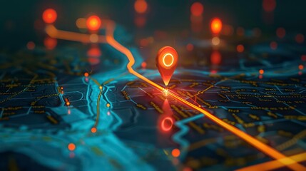 A glowing red pin marker on a digital map with a path of glowing lines, depicting a location on a map.