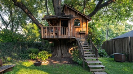 A rustic wooden treehouse nestled in a large tree, complete with a balcony and stairs, surrounded by lush green foliage in a suburban backyard