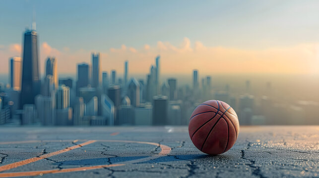 A basketball on the asphalt and the architectural wonders of Chicago in the background with a bird's eye view 
