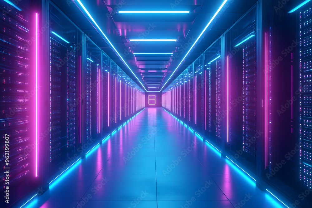 Poster illuminated data center corridor with vibrant pink and blue lights creating a modern and high-tech a