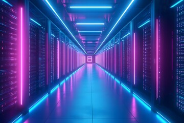 Fototapeta premium Illuminated data center corridor with vibrant pink and blue lights creating a modern and high-tech atmosphere. Represents technology, connectivity, and digital infrastructure.