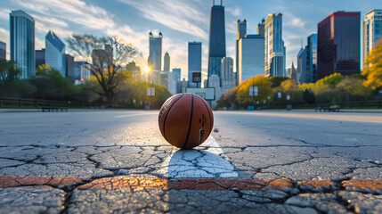 A basketball on the asphalt and the architectural wonders of Chicago in the background with a bird's eye view 