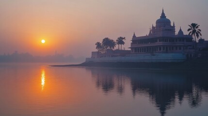 Fototapeta premium Majestic Indian temple reflected in calm waters at misty sunrise, with golden sun and palm trees creating a serene and spiritual atmosphere