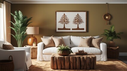 Cozy and Earthy Decor Design a cozy living room with a warm and inviting atmosphere.