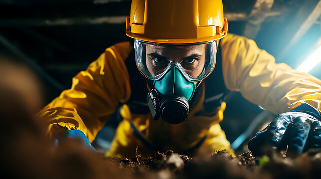 A worker in a hazmat suit and respirator crawls through a dark, dusty environment.