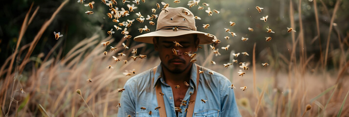 A beekeeper with a swarm of bees escaping their thoughts and Symbolizing the concept of environmental anxiety and mental health in conservation efforts. 