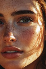 Close-up of a woman with freckles and blue eyes illuminated by warm sunset light in a serene outdoor setting