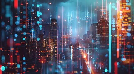 Obraz premium Concept of a smart city and telecommunication network. Abstract mixed media.