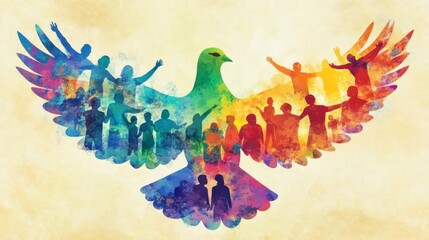 Vibrant watercolor illustration of a dove with people silhouettes promoting peace, unity, and diversity.