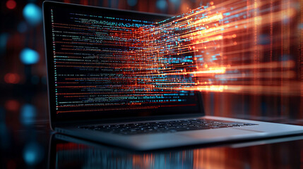 A laptop set on a sleek, reflective desk, with the screen displaying a digital network and data streams