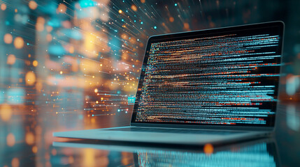 A laptop set on a sleek, reflective desk, with the screen displaying a digital network and data streams