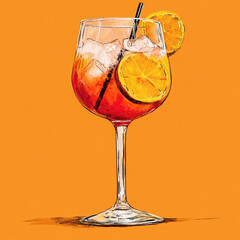a drawing of an aperol spritz cocktail on an orange background