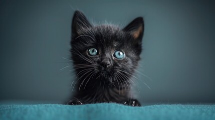 Fototapeta premium Adorable Fluffy Black Kitten with a Mad Expression on Blue Background