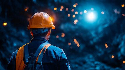 Fototapeta premium A lone miner in a dark, cavernous space, illuminated by a bright light in the distance. He stands with a hard hat and safety harness, looking ahead.
