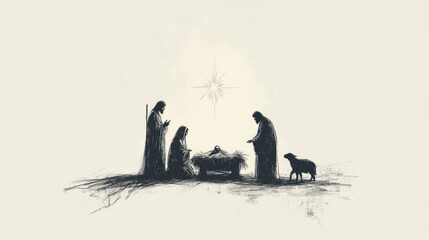 The Nativity. Mary and Joseph watch over baby Jesus in a barn, with shepherds nearby. Black and white digital illustration.