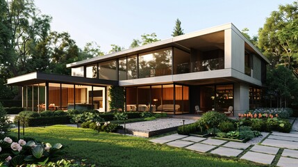 Modern Home with Large Windows and Green Landscaping