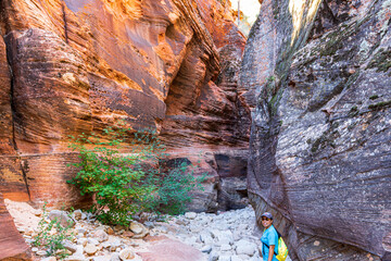Hiking a slot canyon in the dry Pine Creek.