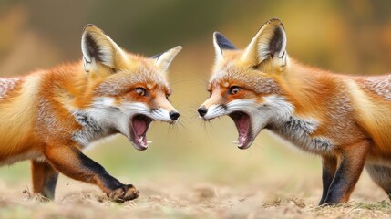 Fototapeta premium Two foxes are fighting each other in a field, AI