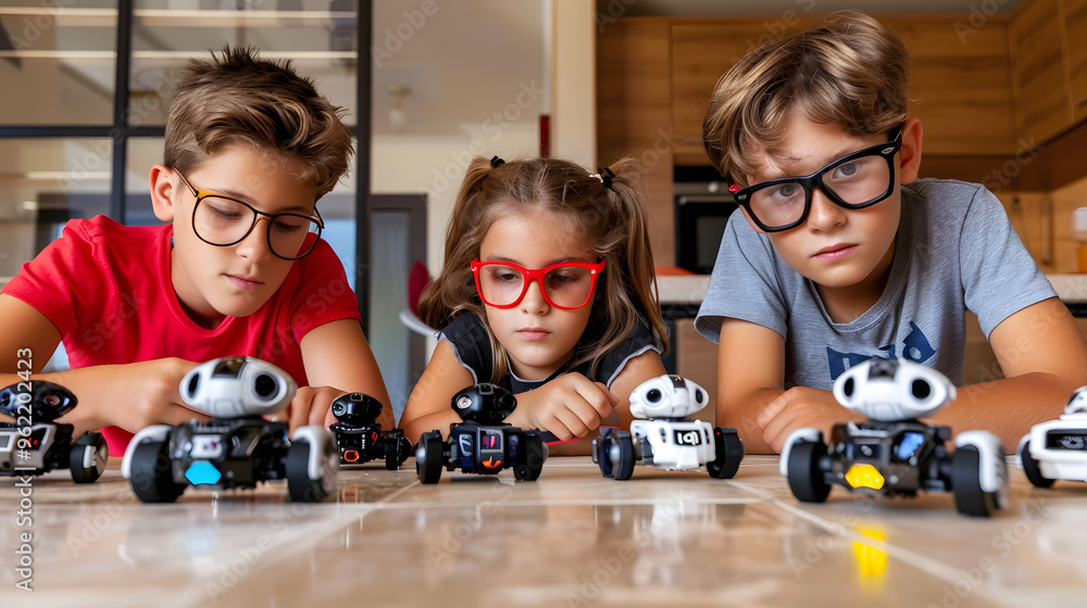 Poster a boy and girl wearing glasses are surrounded by various small robots building models on the table i