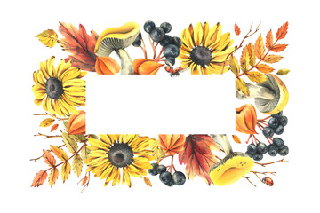 Fototapeta premium Autumn berries physalis, chokeberry, rowan leaves, maple, birch, mushrooms, rudbeckia flowers, tree branches, ladybugs. Watercolor illustrations. Rectangular frame wreath isolated from background