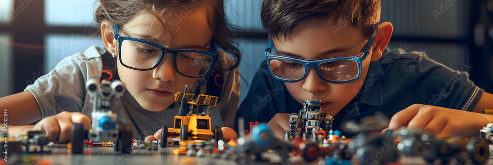 Poster a boy and girl wearing glasses are surrounded by various small robots building models on the table i