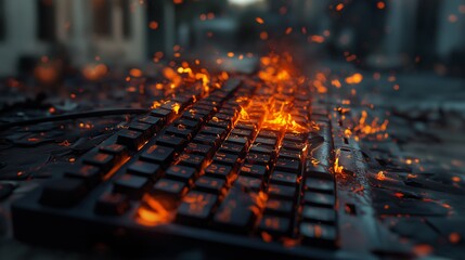 Flames engulfing a keyboard in a dimly lit room, smoke rising amidst intense fire conveying chaos and urgency