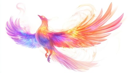 A vibrant, colorful phoenix with large wings spreads flying in the sky, symbolizing rebirth and renewal in a stunning digital artwork.