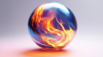 A stunning image of a fiery orb encapsulated in a glass sphere, showcasing flames in vibrant, colorful detail on a light background.