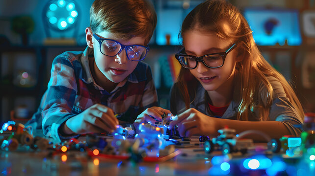 A boy and girl wearing glasses are surrounded by various small robots building models on the table in front of them 