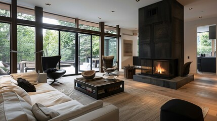 Obraz premium Modern Living Room with Fireplace and Large Windows