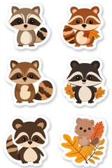 Fototapeta premium Cute cartoon raccoon characters with autumn leaves in a whimsical design for creative projects