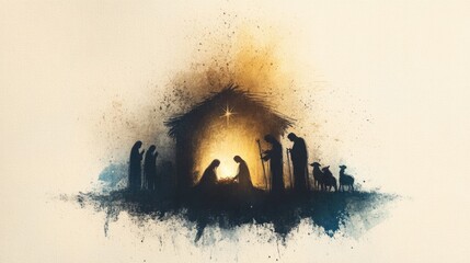 The Nativity. Silhouette of the Holy Family in the stable during the starry night. Digital illustration.