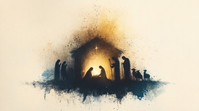 The Nativity. Silhouette of the Holy Family in the stable during the starry night. Digital illustration.
