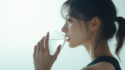A beautiful Japanese woman is drinking water from the glass. Portrait. close up view