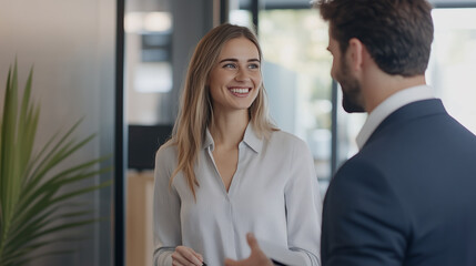 Fototapeta premium Recruiter Shares Job Offer With Candidate in Modern Office Setting