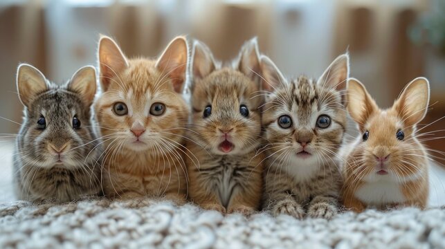 Surprised AI-Generated Animal Portraits: Dog, Cat, Rabbit, Guinea Pig, and Mouse on White Background