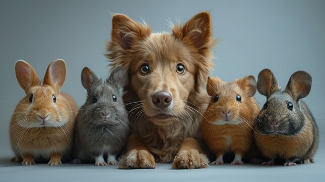 Surprised AI-Generated Animal Portraits: Dog, Cat, Rabbit, Guinea Pig, and Mouse on White Background