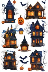 Colorful Halloween-themed houses with pumpkins and bats in a spooky night atmosphere
