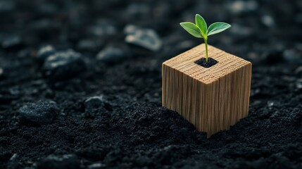 Growth and Development Symbolized by a Wooden Cube with Green Sprout on Black Soil. AI generated illustration