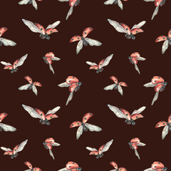 Red ladybugs with black dots flying. Hand drawn watercolor illustration. Simple seamless pattern on a burgundy background