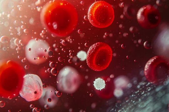 Leukocytes and red blood cells move in a blood vessel