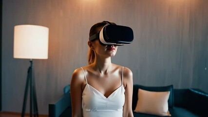 Woman wearing a virtual reality headset in a modern living room. VR technology and immersive experience concept