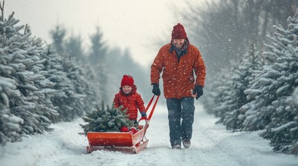 A joyful family adventure in a snowy tree farm selecting and cutting their own Christmas tree during the holiday season