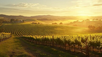 Fototapeta premium A vineyard bathed in sunset light as the sun dips below the hills and trees in the distance