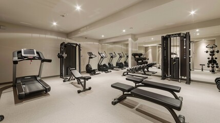 Fototapeta premium Modern Hotel Fitness Center with Treadmill, Weight Machines, and Exercise Equipment