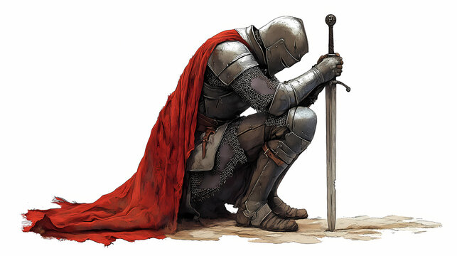 Illustration of a medieval knight kneeling in prayer with a sword, realistic on a white background. Knight. Illustration